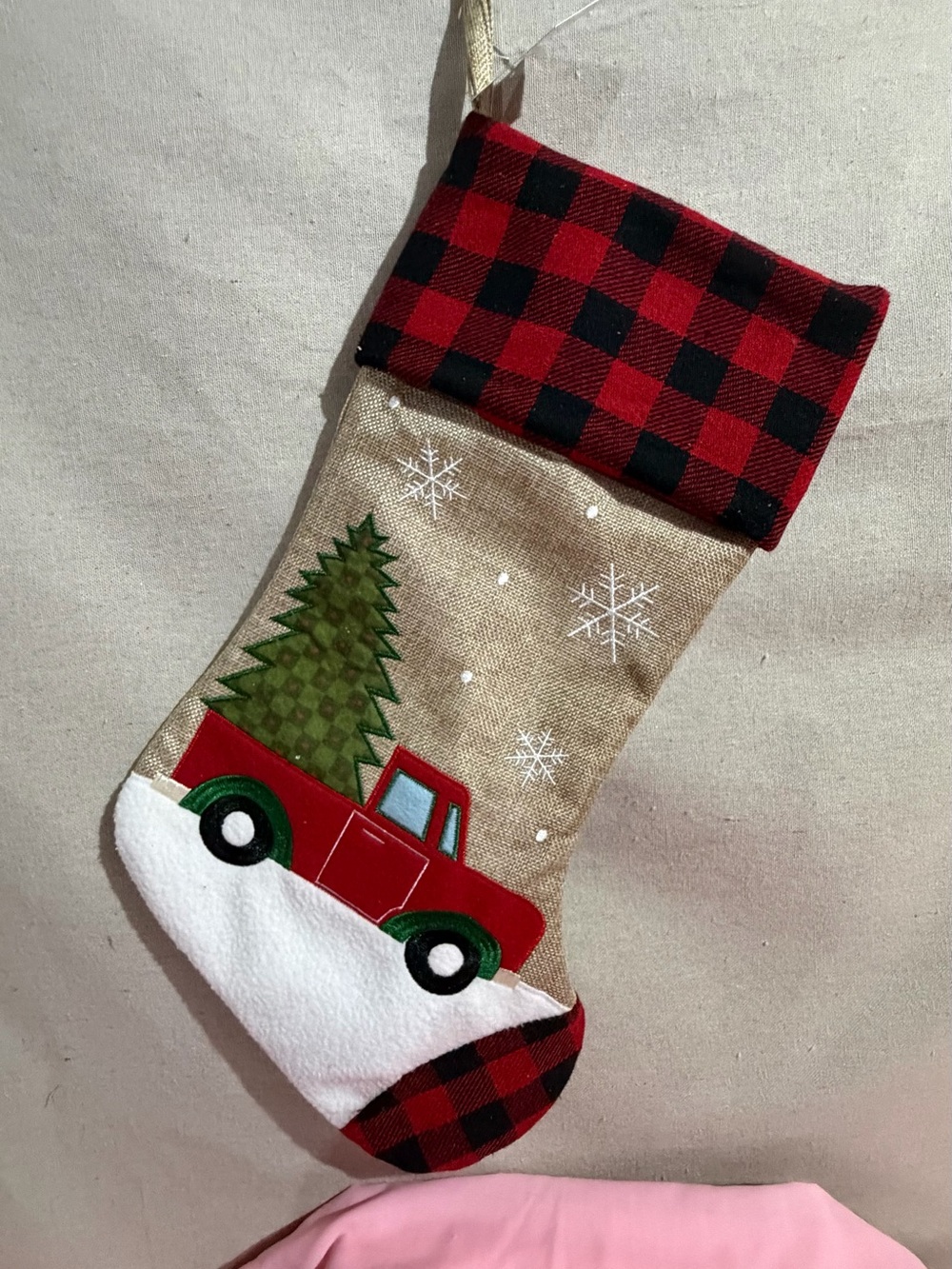 Rustic Red Truck Christmas Stocking with Buffalo Plaid Cuff